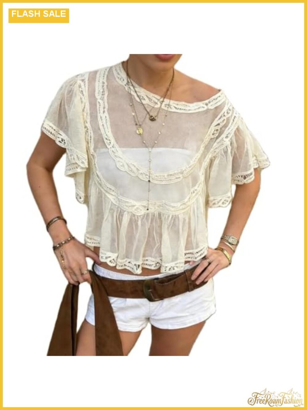 Sheer Mesh Lace Trim Poncho Top Peplum Boho Beach Cover Up Flutter Sleeve See
